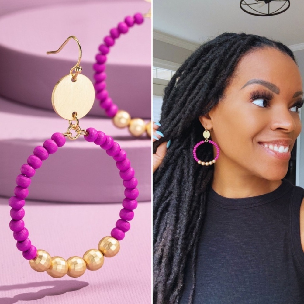 Fuchsia Wood Beaded Circle Earrings